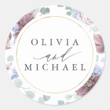 Sello de Boda floral azul malva y turbio
