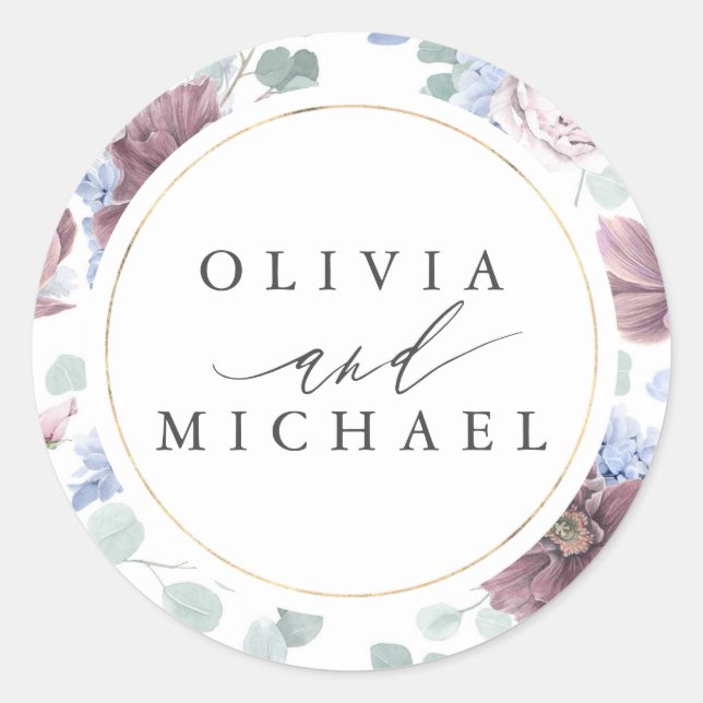 Sello de Boda floral azul malva y turbio (Anverso)