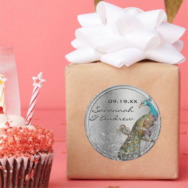 Sello de Boda gris plateado Peacock Lovebird (Fiesta)