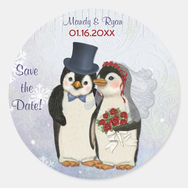 Sello de Boda pingüino - Guardar la fecha (Anverso)