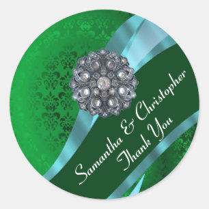 Sello de bodas de damasco verde y rosa