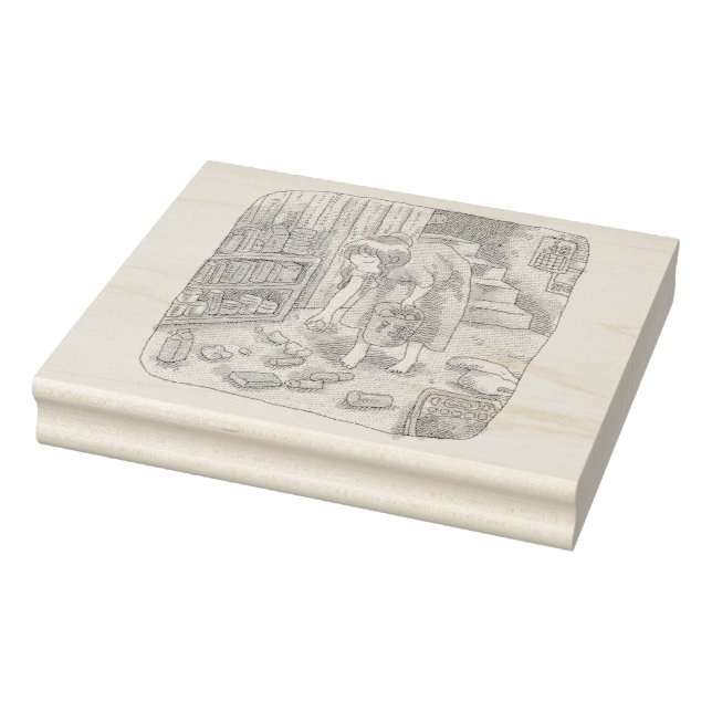 SELLO DE CAUCHO さなささじ  部屋の階段わきで屈んでたくさん落ちているゴミを拾う女性のイラスト (Sello)