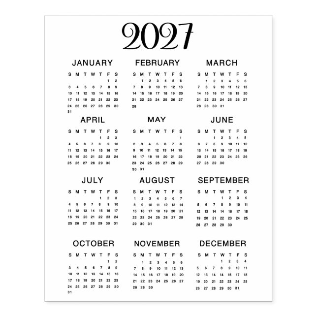 Sello De Caucho 2027 Calendar #1 Four Rows, Three Columns (Impresión)