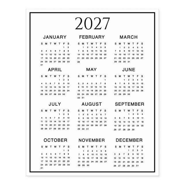Sello De Caucho 2027 Calendar #2 Four Rows, Three Columns (Impresión)