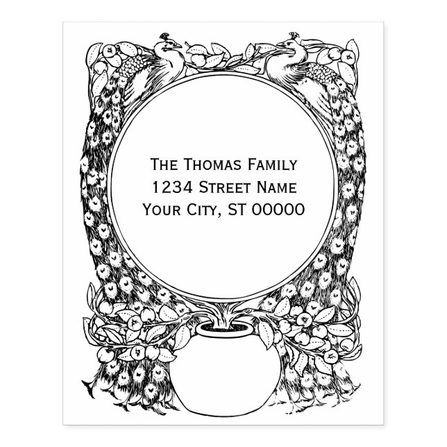 Sello De Caucho 2 Pavos Reales que rodean la planta en maceta Nomb (Impresión)