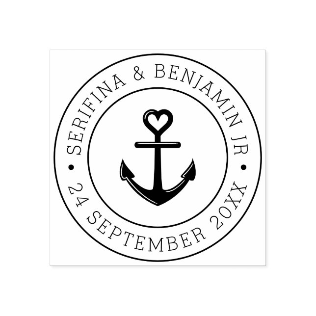 Sello De Caucho Anclaje de barco Boda náutico romántico redondo (Impresión)