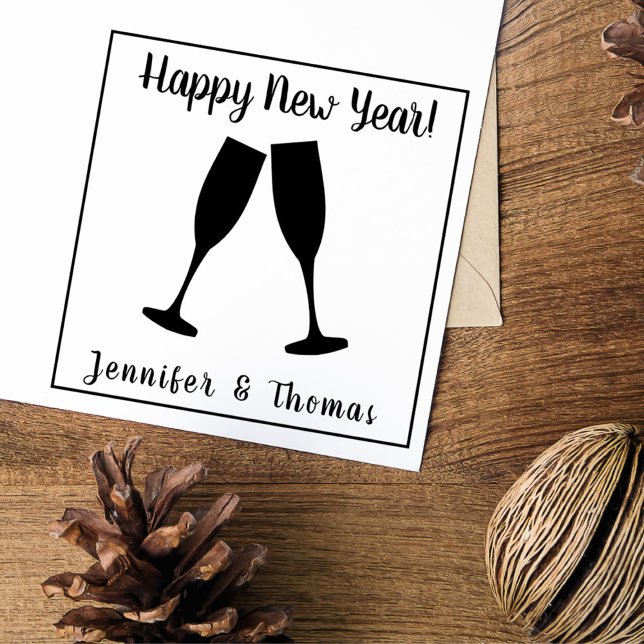 Sello De Caucho Año Nuevo Estiloso/Feliz + Gafas Pareja/ Champagne (Stylish/Happy New Year + Couple/ Champagne Glasses Rubber Stamp)