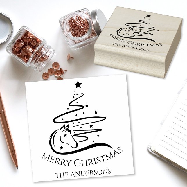 Sello De Caucho Árbol de Navidad de caballos negro y blanco Ecuest (Elegant horse Chtristmas tree vector design, personalized rubber stamp.)