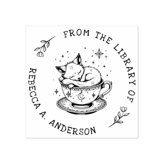 Sello De Caucho Bebé Fox cub durmiendo en una mágica biblioteca de (Impresión)