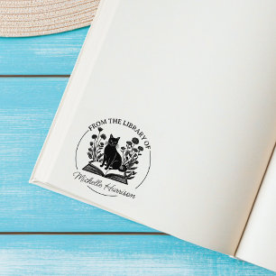 Sello De Caucho Biblioteca Floral Personalizada Libro Gato