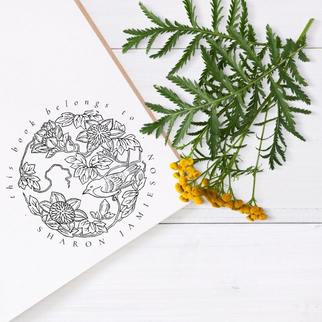 Sello De Caucho Biblioteca Rustic Delicate Floral Bird Custom Name (Subido por el creador)