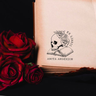 Sello De Caucho Biblioteca Vintage Libros Cráneo Gótico y Rosas
