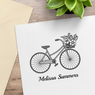 Sello De Caucho Bicicleta con una cesta de flores nombre personali
