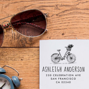 Sello De Caucho Bicicleta Cuta Con Flores Dirección De Devolución 