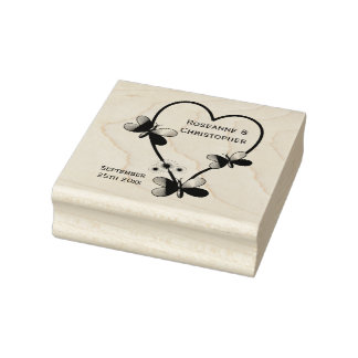 Sello De Caucho Boda de diseño cardíaco de mariposa