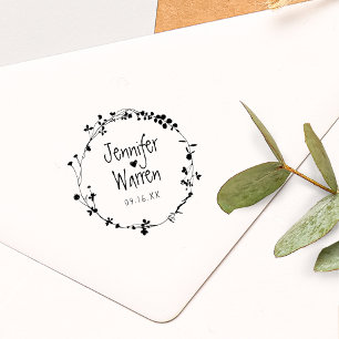 Sello De Caucho Boda personalizado de la flor silvestre dibujada a