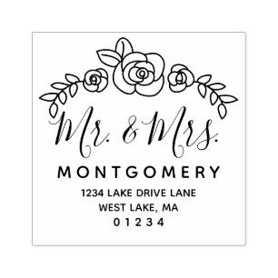 Sello De Caucho Boda Rosas Florales Sr. y la dirección de devoluci