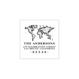 Sello De Caucho Bold World Map Formal Family Name & Return Address
