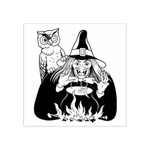 Sello De Caucho Bruja vintage de Halloween con búho