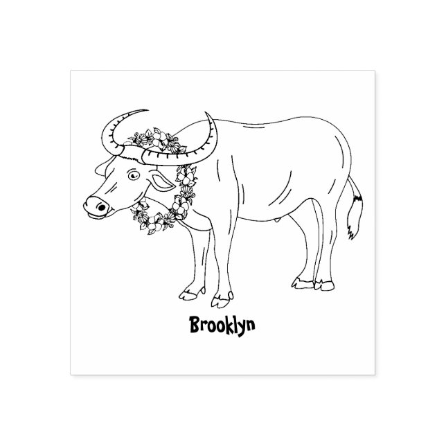 Sello De Caucho Búfalo de agua con flores ilustracion personalizad (Impresión)