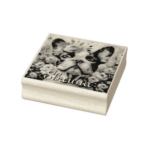 Sello De Caucho Bulldog francés con Rosas floral personalizado