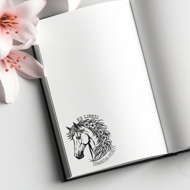 Sello De Caucho Caballo elegante con flores, libro de ex Libris (Subido por el creador)