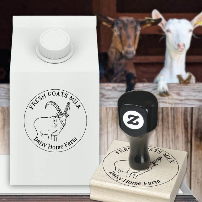 Sello De Caucho Cabras Leche Leche Dairy Nombre comercial Negro y  (Goats milk custom ink rubber stamp with simple goat line drawing and business name)