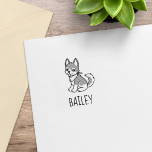 Sello De Caucho Cachorro Husky Gris y Blanco Nombre Personalizado 