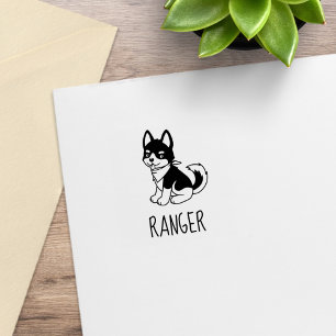 Sello De Caucho Cachorro Husky Negro y Blanco Nombre Personalizado