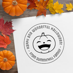 Sello De Caucho Calabaza de Halloween sonriente redonda mensaje