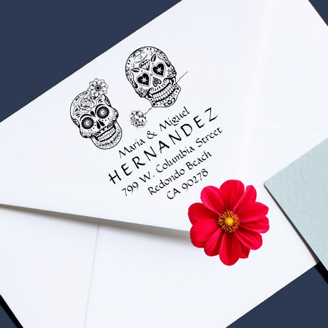 Sello De Caucho Calavera de azúcar mexicana Dirección de devolució (Mexican Sugar Skulls Married Couple Return Address Rubber Stamp. Perfect for Halloween!)
