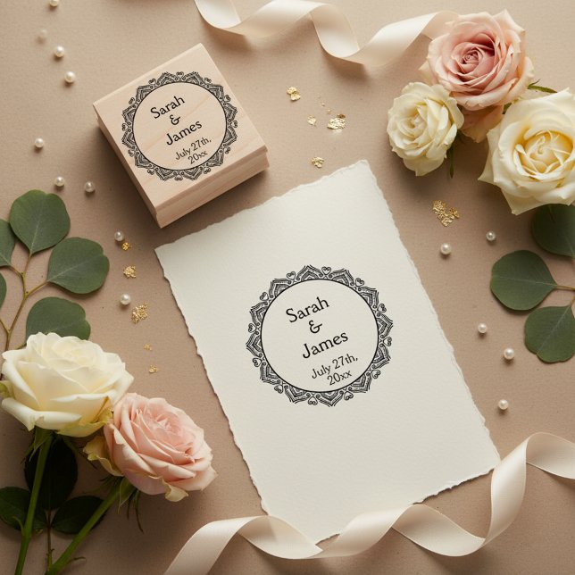 Sello de caucho cardíaco ornamental para Bodas (Romantic personalized wedding stamp.)