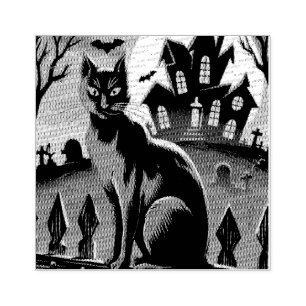 Sello De Caucho Casa de Halloween de época, gato negro
