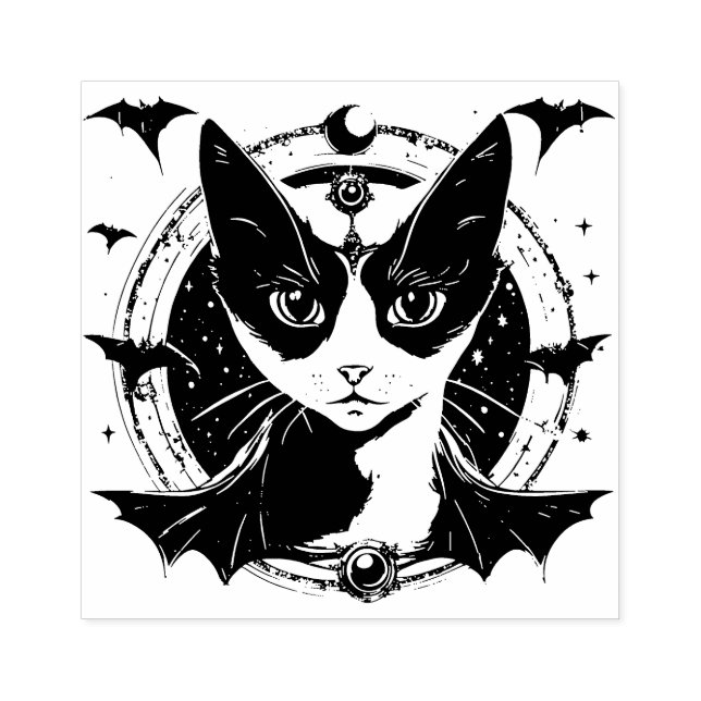 Sello De Caucho Cat and Bats I Wood Art Stamp (Impresión)