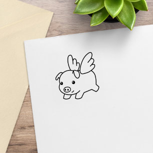 Sello De Caucho Cerdo Volador, Cerdito con Alas 1x1