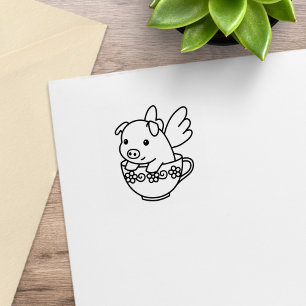 Sello De Caucho Cerdo Volador - Lechón con Alas en una Taza de Té