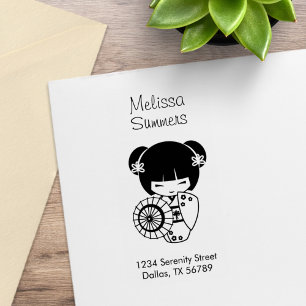 Sello De Caucho Chica Geisha Asiática con Paraguas en Kimono Direc