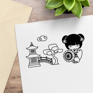 Sello De Caucho Chica Geisha Asiática con Paraguas en Kimono para 