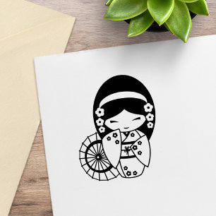 Sello De Caucho Chica Geisha de Sombrilla Japonesa con Kimono Colo