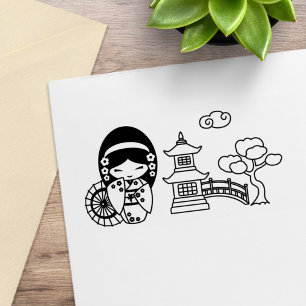 Sello De Caucho Chica Geisha Japonesa con Paraguas en Kimono en Ál