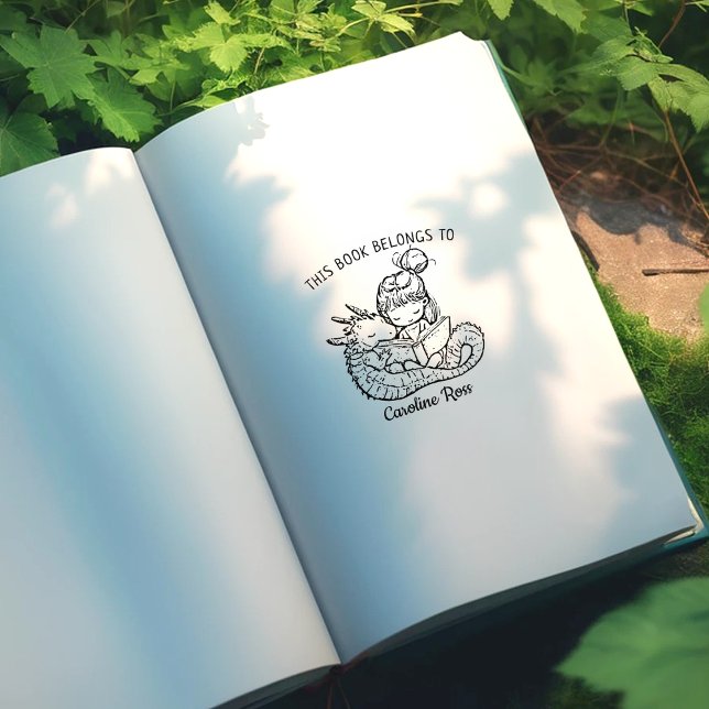 Sello De Caucho Chica personalizada leyendo con exlibris de dragón (Subido por el creador)