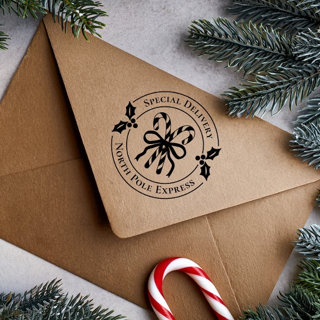 Sello De Caucho Christmas Candy Cane Wood Art Stamp (Stamp on brown kraft envelope)