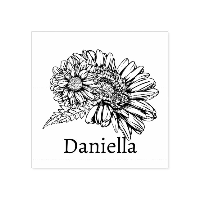 Sello De Caucho Chrysanthemum Black Line Drawing with Your Name  (Impresión)