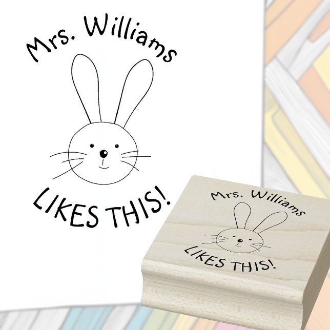 Sello De Caucho Conejo Personalizado de Maestro de Elogios (Positive praise teacher's stamp with a bunny and custom teacher's name.)
