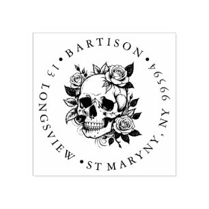 Sello De Caucho Cráneo con rosas GOMA DE GOMA DE DIRECCIONES DE ma