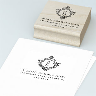Sello De Caucho Crest Vintage Monograma Nombres Dirección de Boda