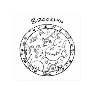 Sello De Caucho Curiosas criaturas marinas bajo el agua dibujando 