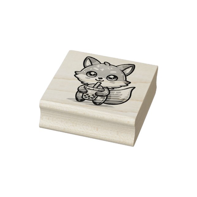 Sello De Caucho Curte Kawaii Fox con té de burbuja (Sello)