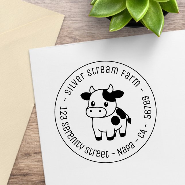 Sello De Caucho Cute Cow Round Business Address (Subido por el creador)