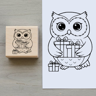Sello De Caucho Cute Owl with Gifts Wooden Art Stamp